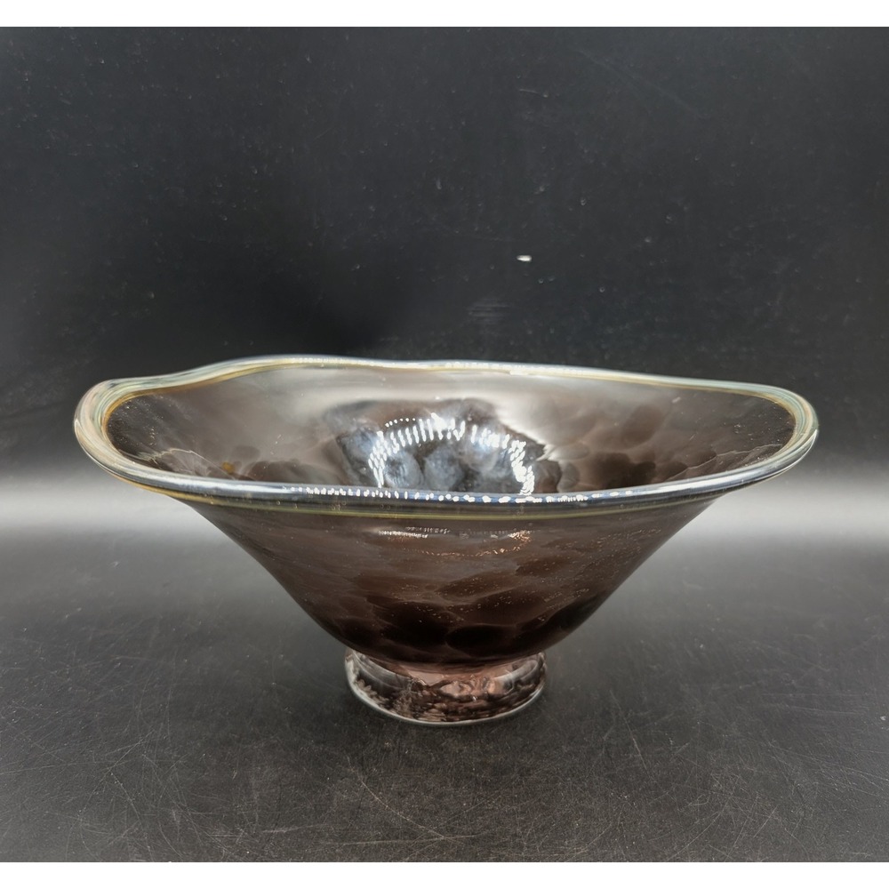 Hand Blown Amethyst Purple Art Glass Bowl Wavy Amber Rim Pedestal Base 8 inch